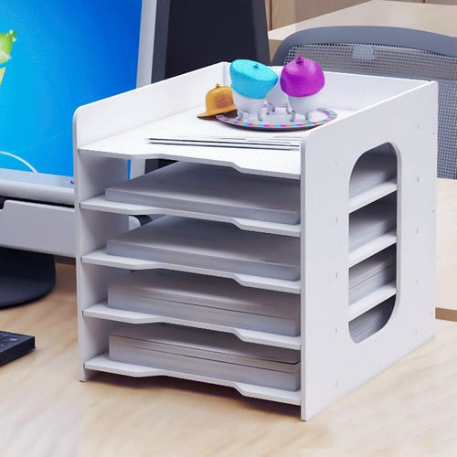 5 Tier Desk File Organizer A4 Paper Tray Wood Desktop Storage Rack