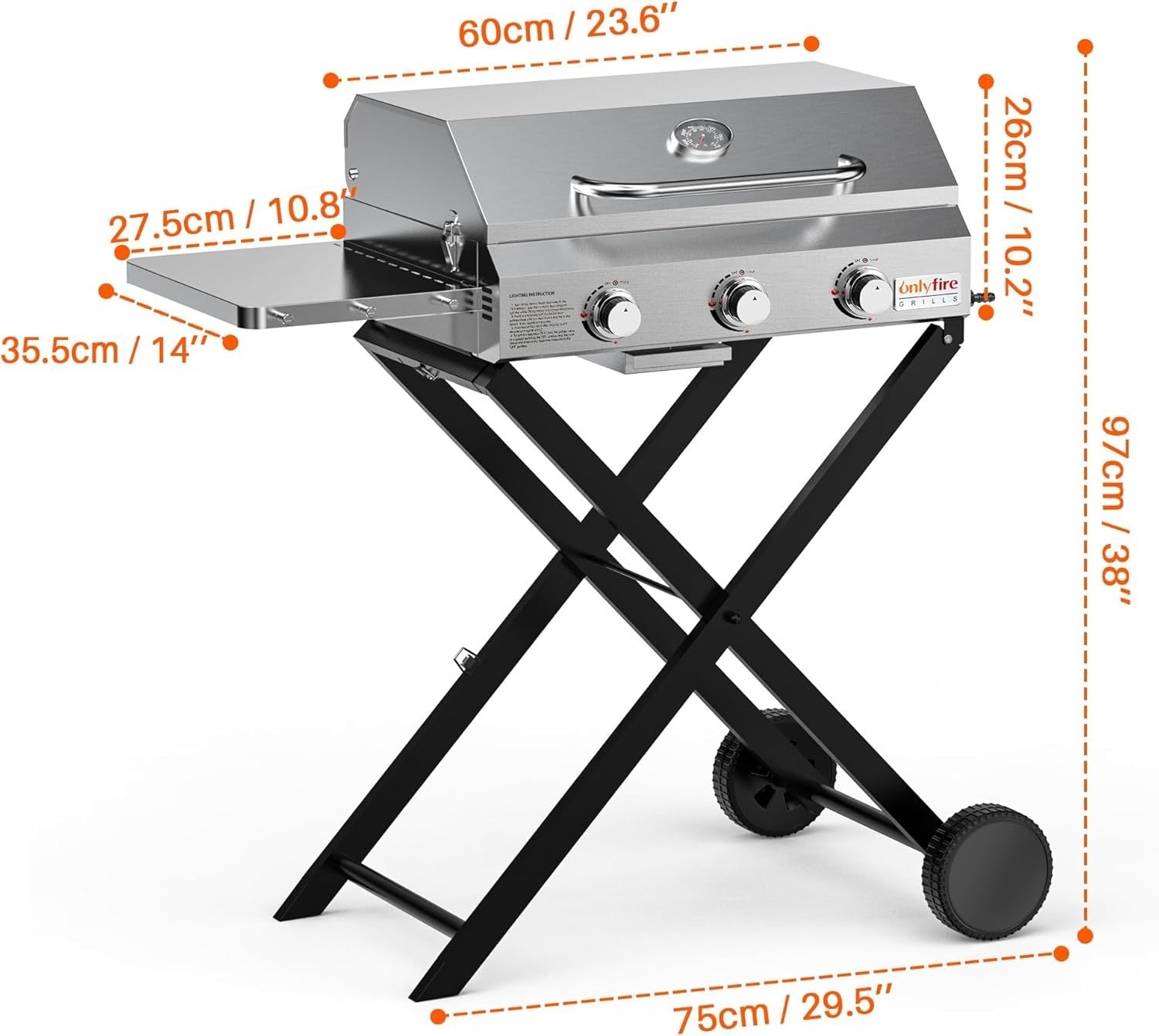3 Burner Portable Gas BBQ Grill with Lid & Thermometer | Folding Trolley