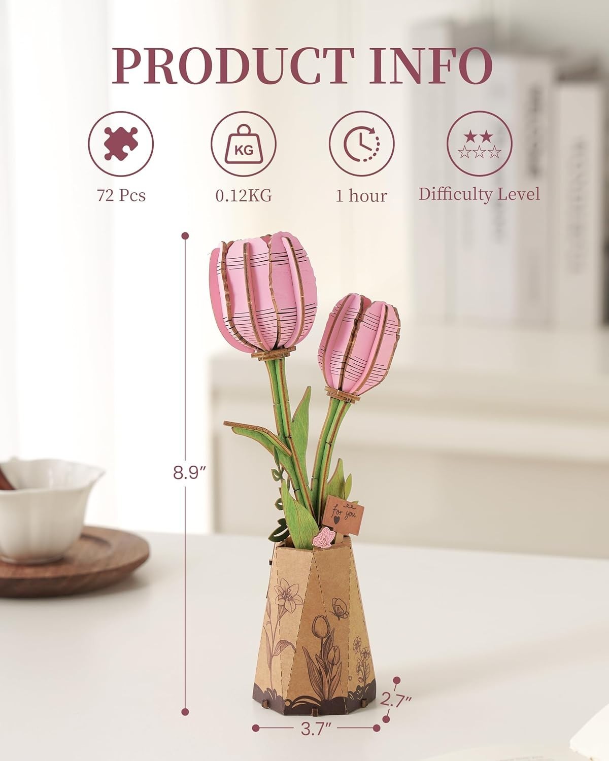 3D Pink Tulip Wooden Puzzle – Adjustable DIY Floral Decor Gift