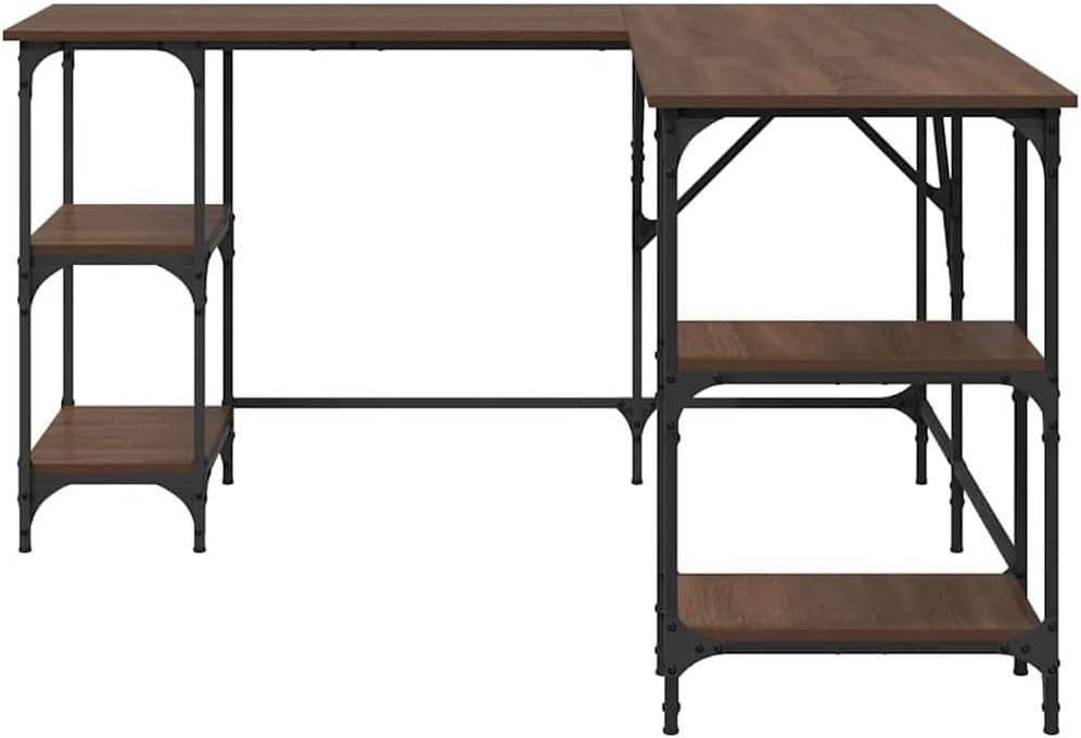 L-Shape Corner Desk with Shelves 139cm Brown Oak Home Office Computer Table