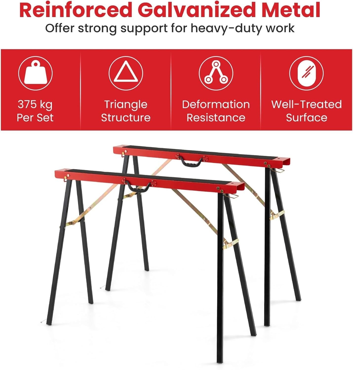 2x Folding Sawhorses Heavy Duty Metal Stands 375kg Non-Slip Portable Set