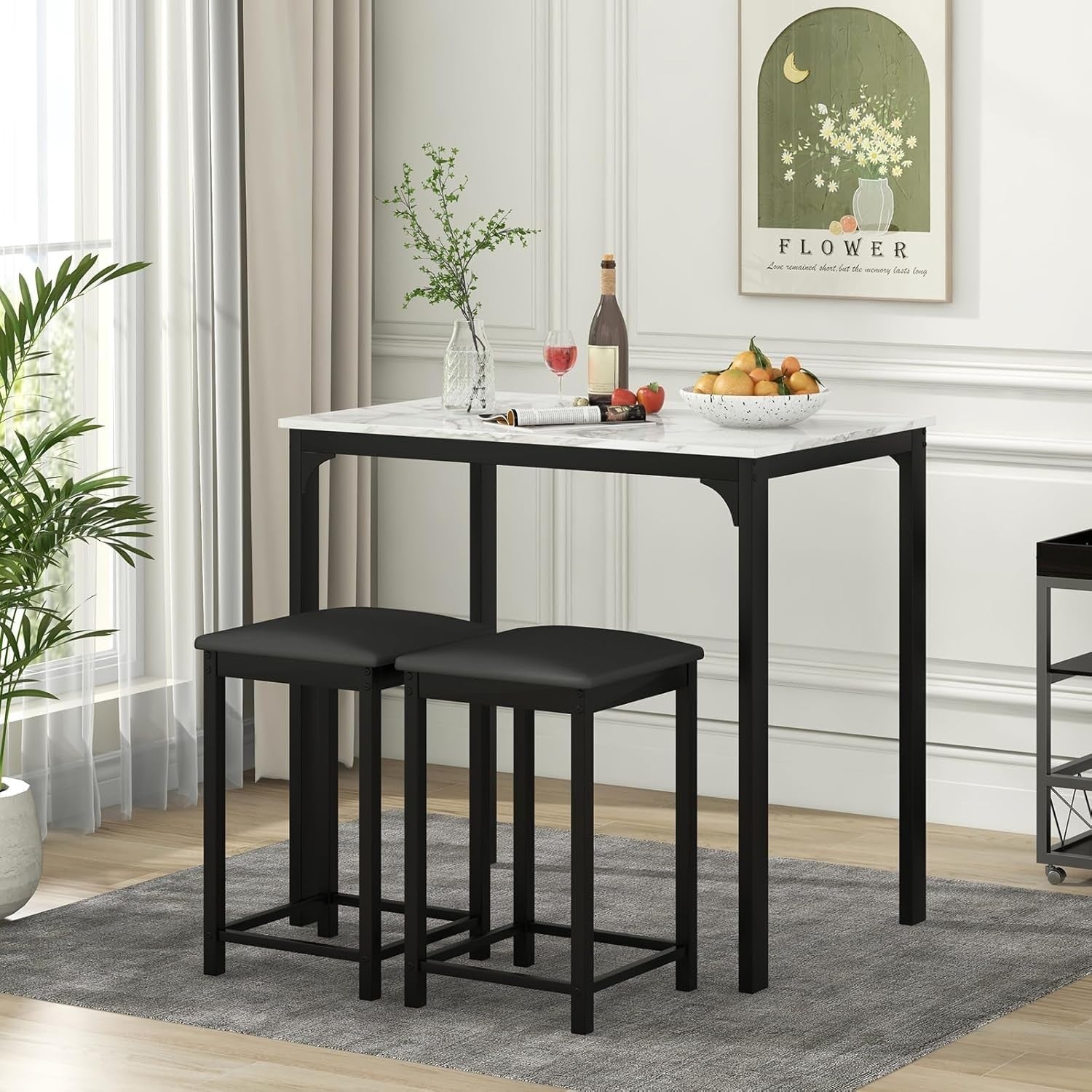3-Piece Bar Table Set Marble Top & 2 Stools Space-Saving Dining White Furniture