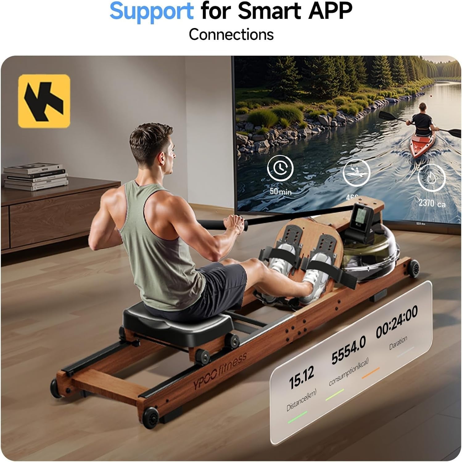 Foldable Water Rowing Machine Solid Wood Smooth Rail Adjustable Resistance Home