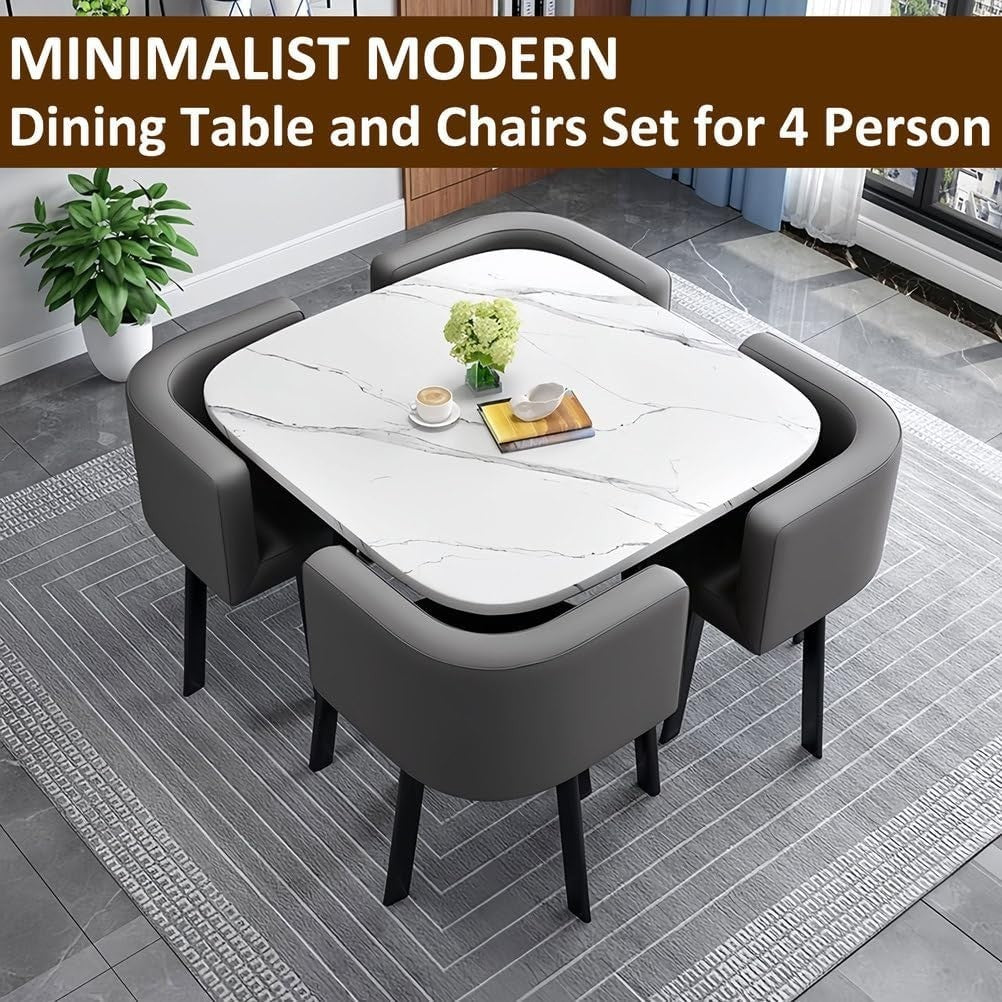 Modern Round Dining Table Set White Chairs, Space Saving Faux Leather Seating