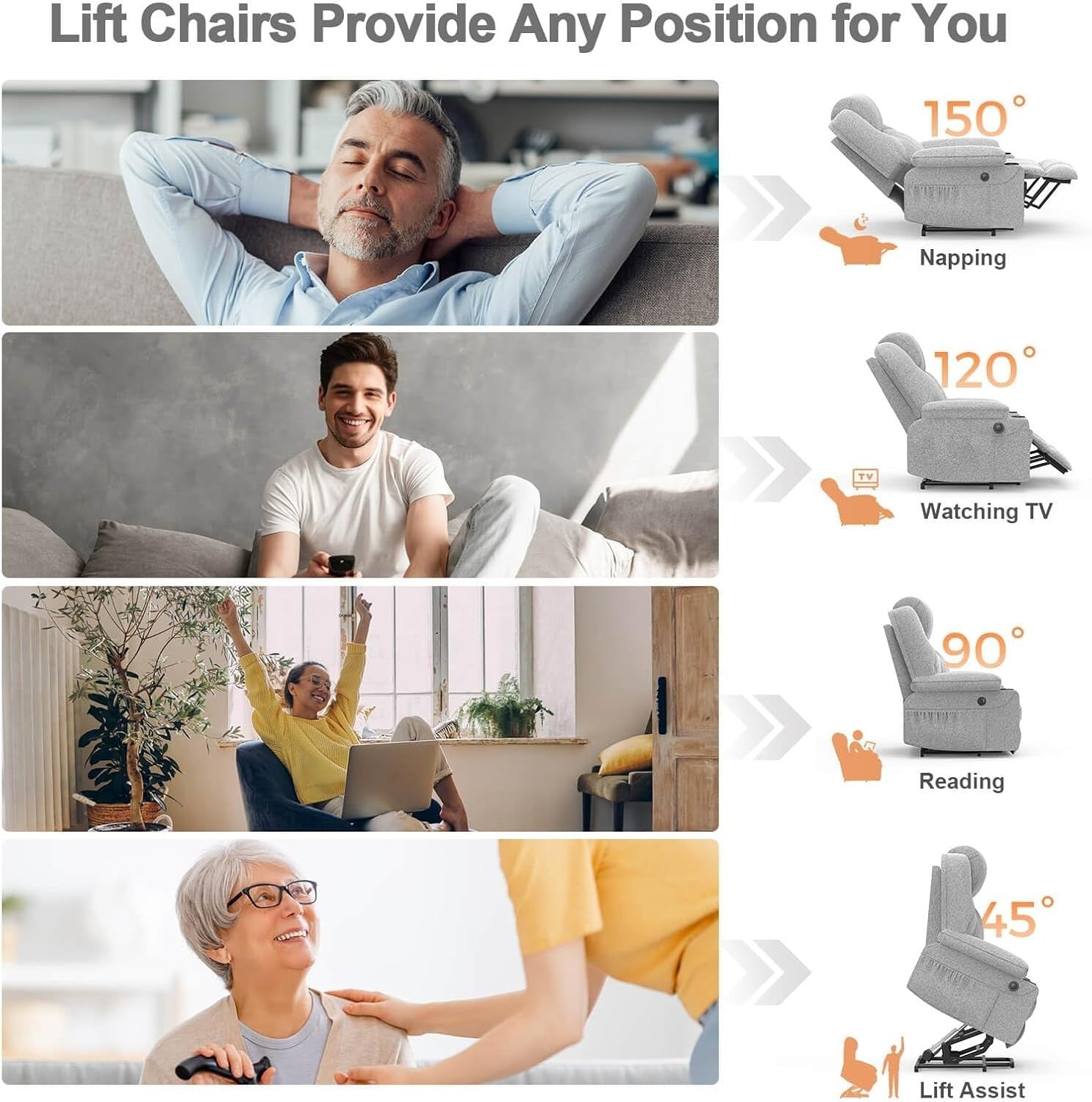 Set of 2 Lift Recliner Chairs Massage USB-C Footrest Faux Leather Light Grey