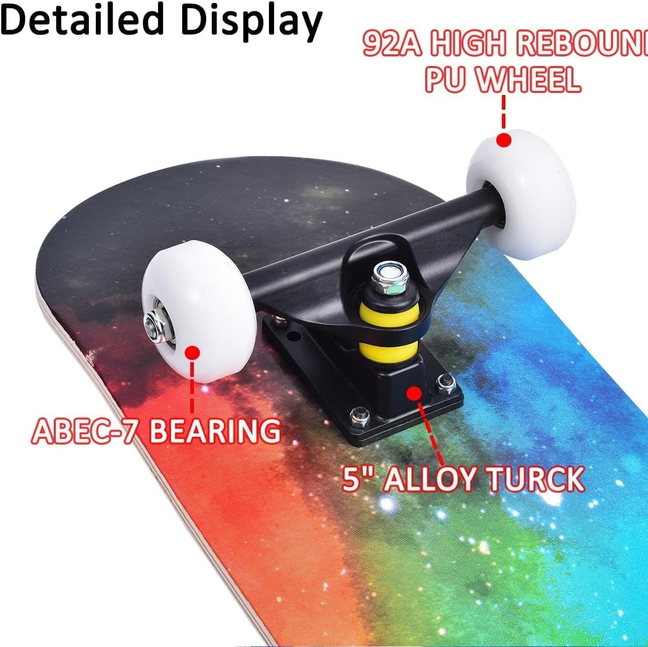 31in Beginner Skateboard Double Kick Maple Deck Kids Adults Rainbow + Tool