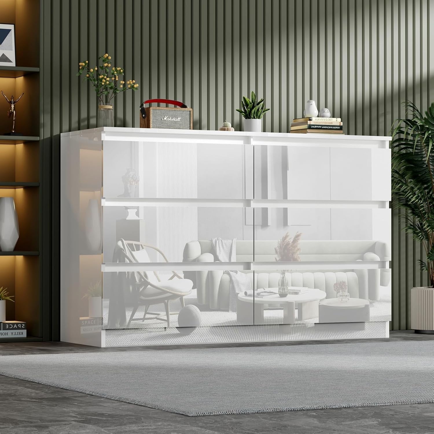 White Gloss 6 Drawer Chest Modern Wide Storage Unit for Bedroom Office