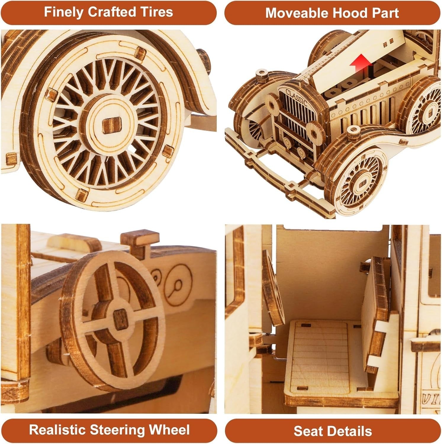 187pc Vintage Car 3D Wooden Puzzle DIY Mechanical Model Kit Build