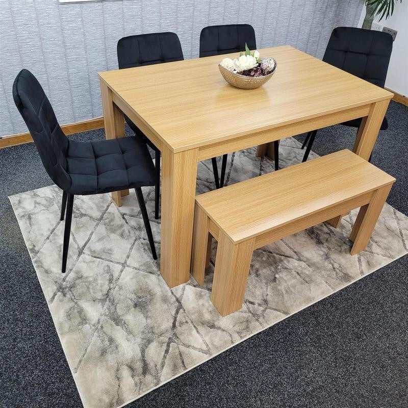 6 Seater Oak Dining Table Set with 4 Black Chairs & Wooden Bench Modern