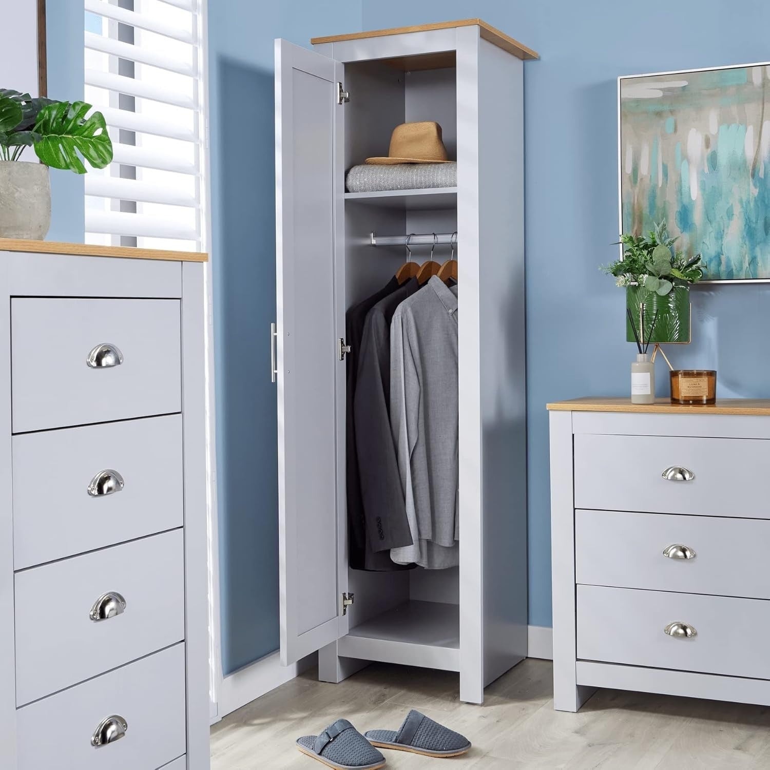 Slim Grey Oak Effect 1 Door Wardrobe Storage Cupboard for Bedroom