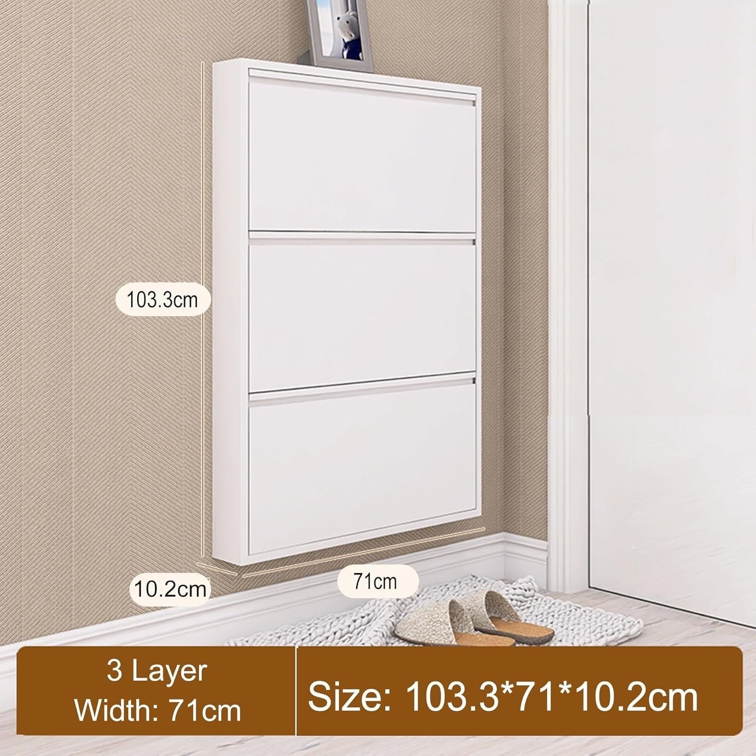 Slim Metal Shoe Cabinet 3-Layer Flip-Down Hidden Storage 71cm Wide 10.2cm Deep