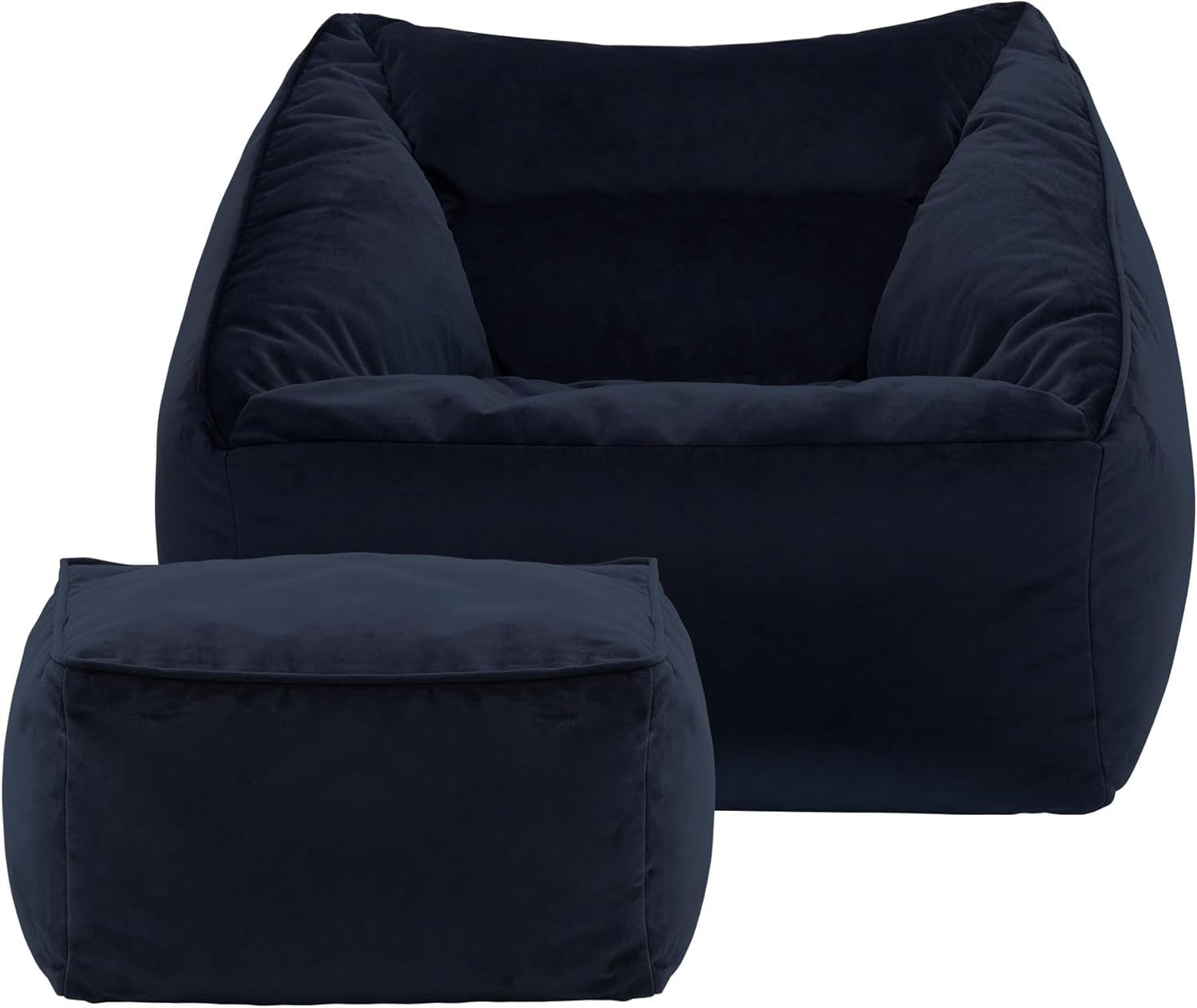 Midnight Blue Velvet Bean Bag Chair Adult Armchair with Footstool Set