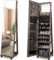 Coffee LED Jewelry Cabinet Mirror Lockable Rolling Storage Organizer