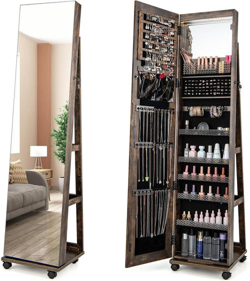 Coffee LED Jewelry Cabinet Mirror Lockable Rolling Storage Organizer