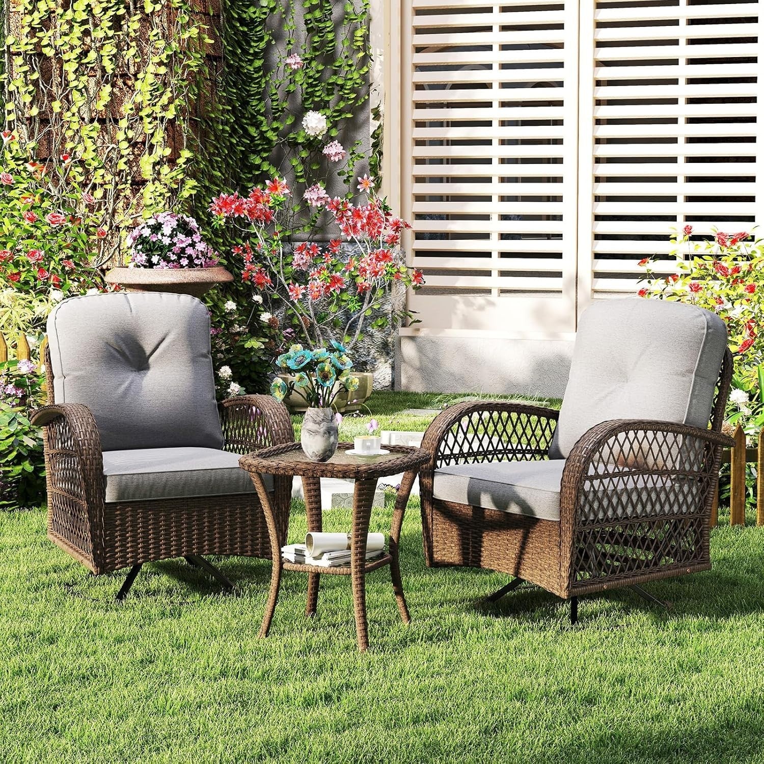360° Swivel Rattan Patio Chairs Set w/Table Cushions Outdoor Garden