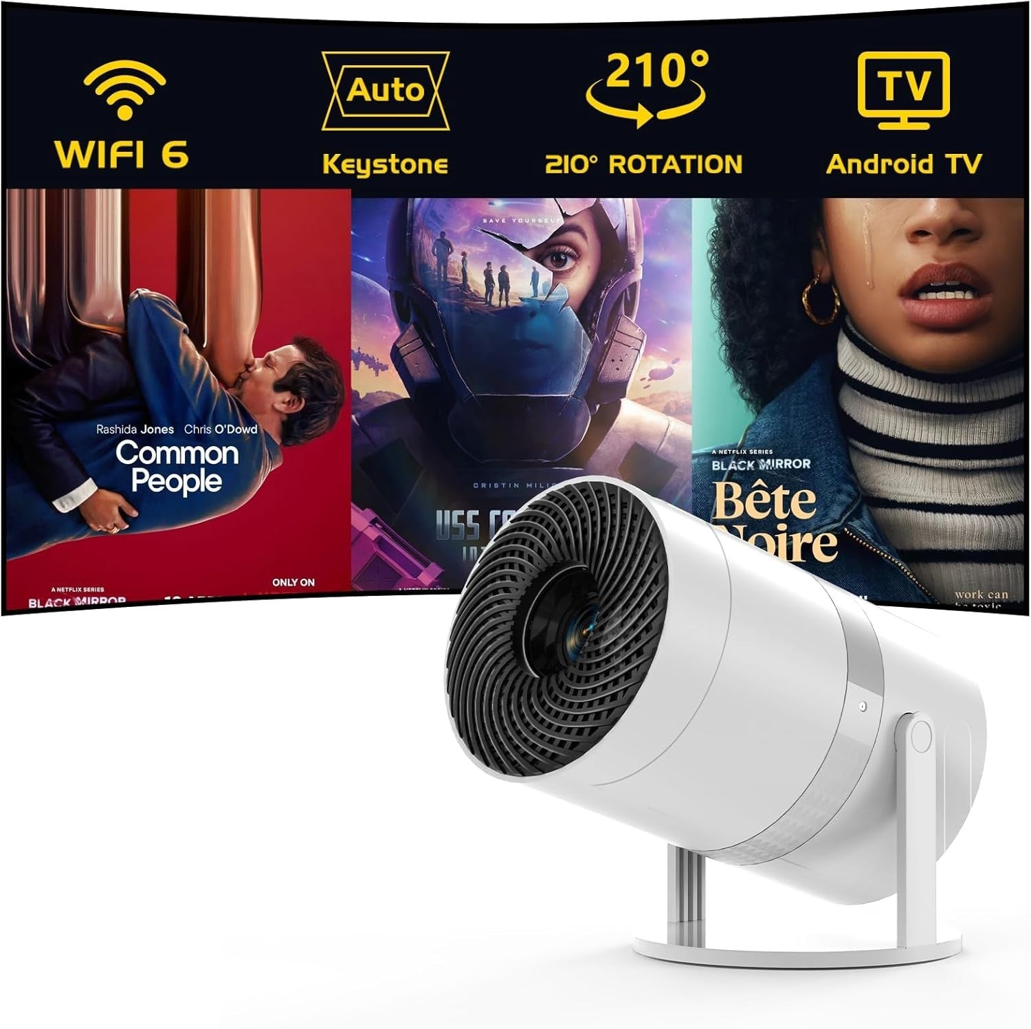 Mini Smart Projector Android WiFi 6 Bluetooth 210° Auto Keystone 4K