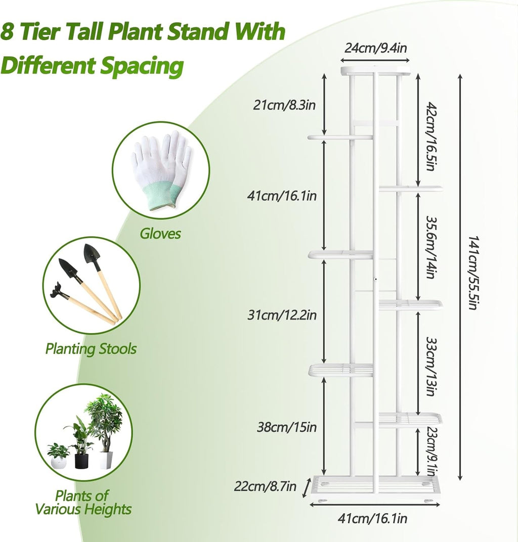 8 Tier White Metal Plant Stand Tall Indoor Outdoor Flower Shelf with Tools Set