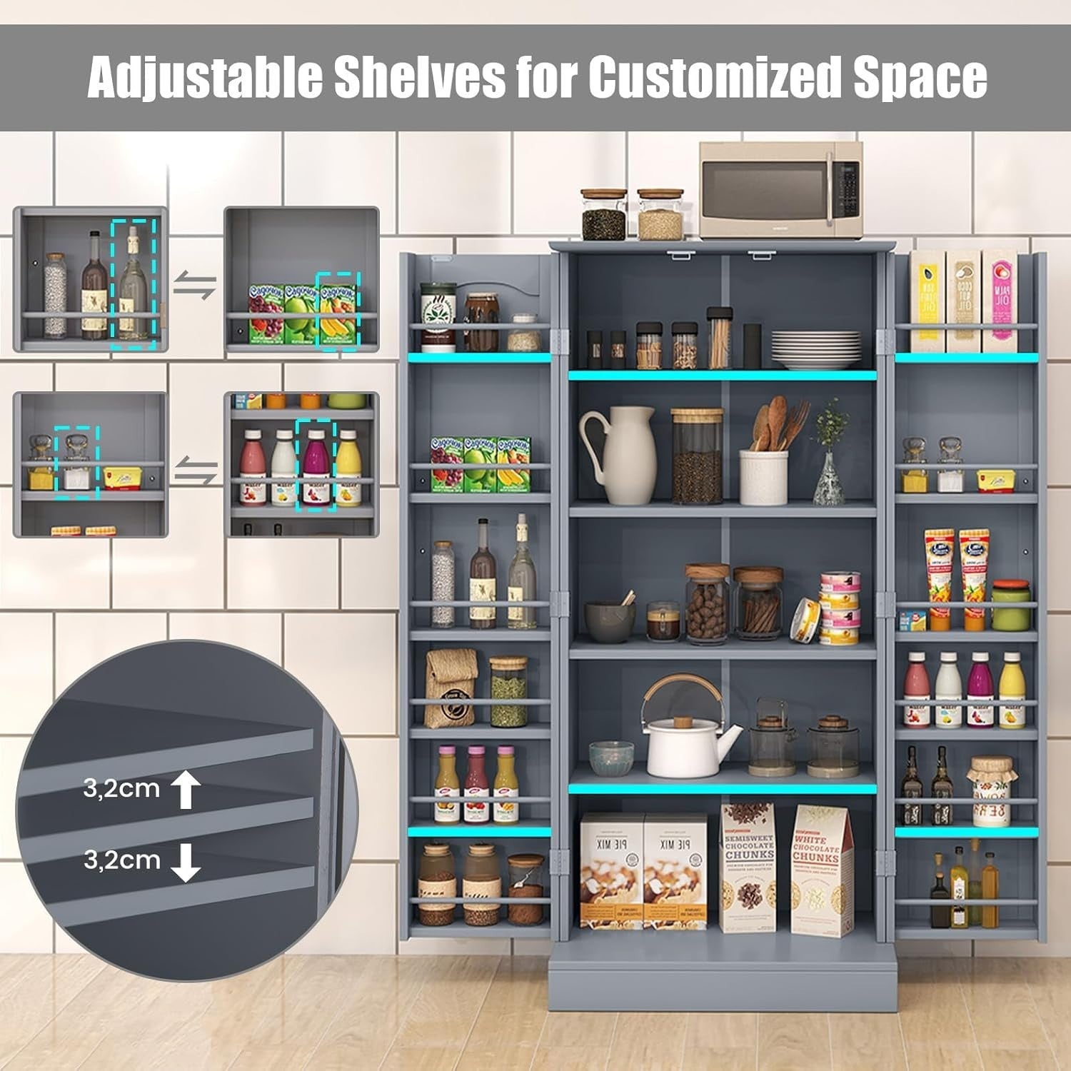 Grey 60x40x120cm Kitchen Cupboard Pantry Cabinet Adjustable Shelves