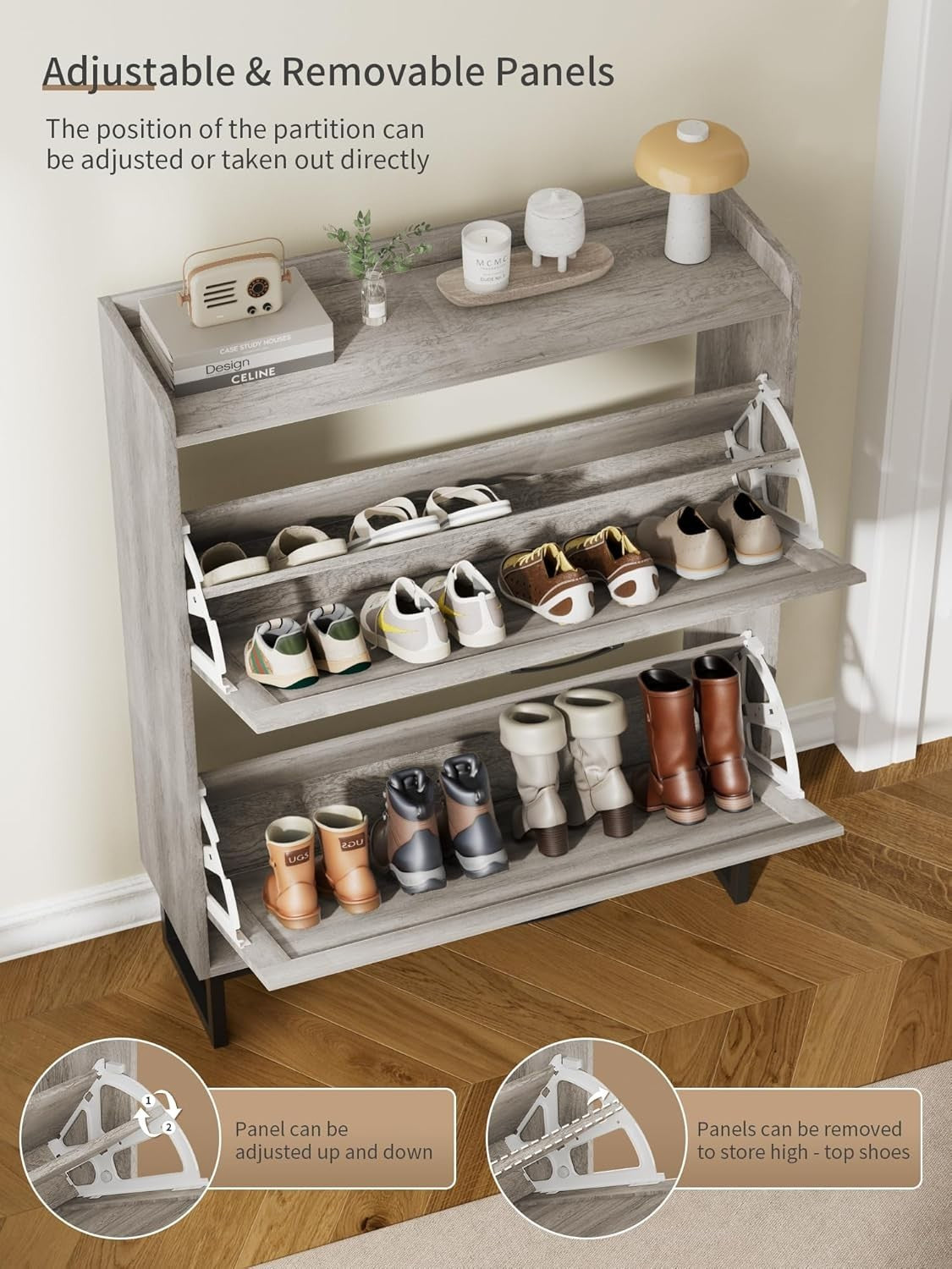 Slim Wooden Shoe Cabinet 2 Drawer Fold Storage Rack – Dustproof Grey Hallway