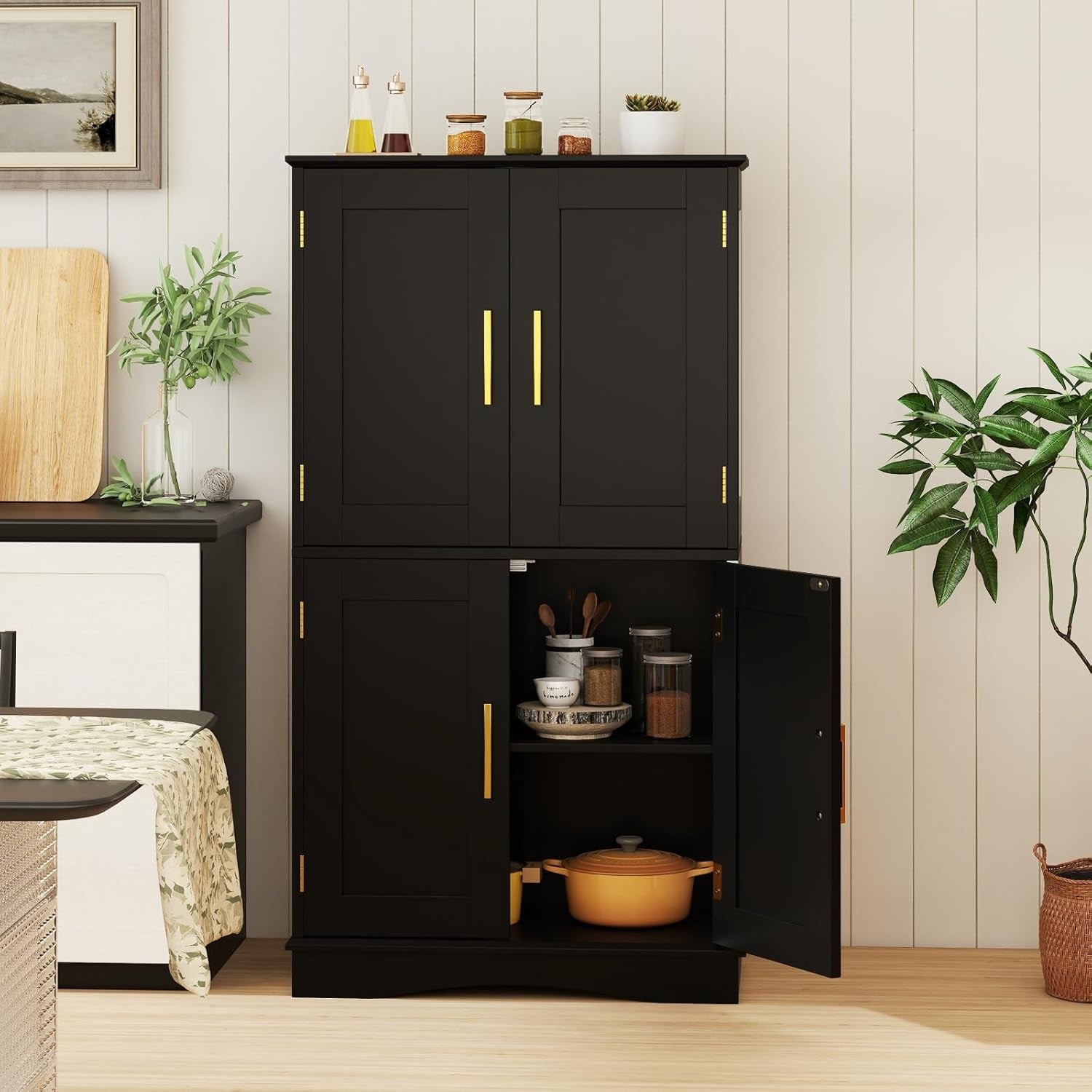 Black 4 Door Storage Cabinet Freestanding Cupboard with Adjustable Shelves 110cm