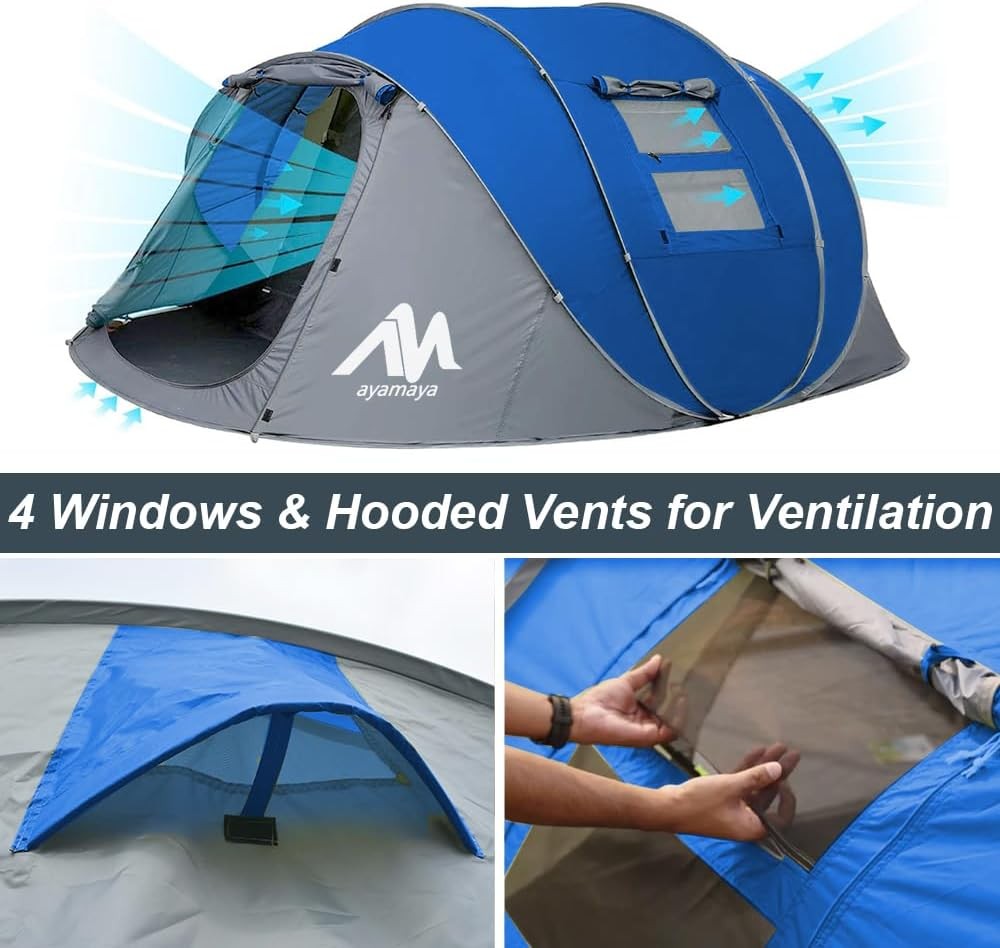 4-6 Person Pop Up Camping Tent Waterproof 4 Season 5 Windows