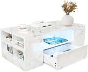 Blisswood LED Coffee Table with 2 Drawers, Open Shelf & High Gloss White Marble