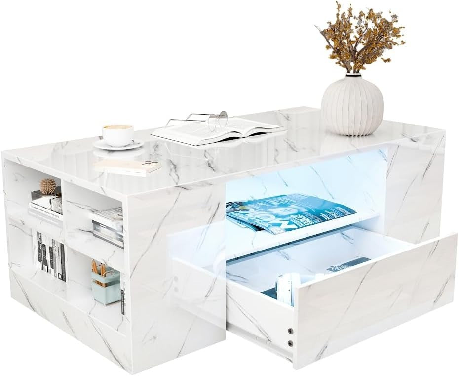Blisswood LED Coffee Table with 2 Drawers, Open Shelf & High Gloss White Marble