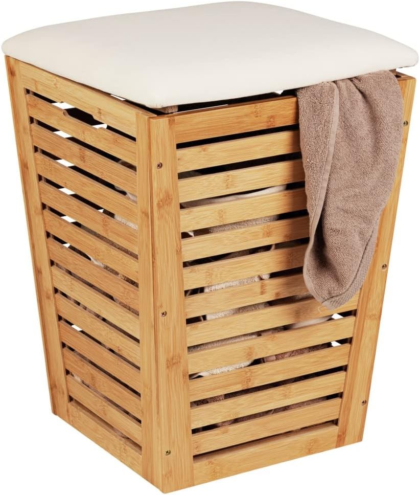 Bamboo Laundry Hamper with Seat Cushion 55L | Modern Ventilated Storage Basket