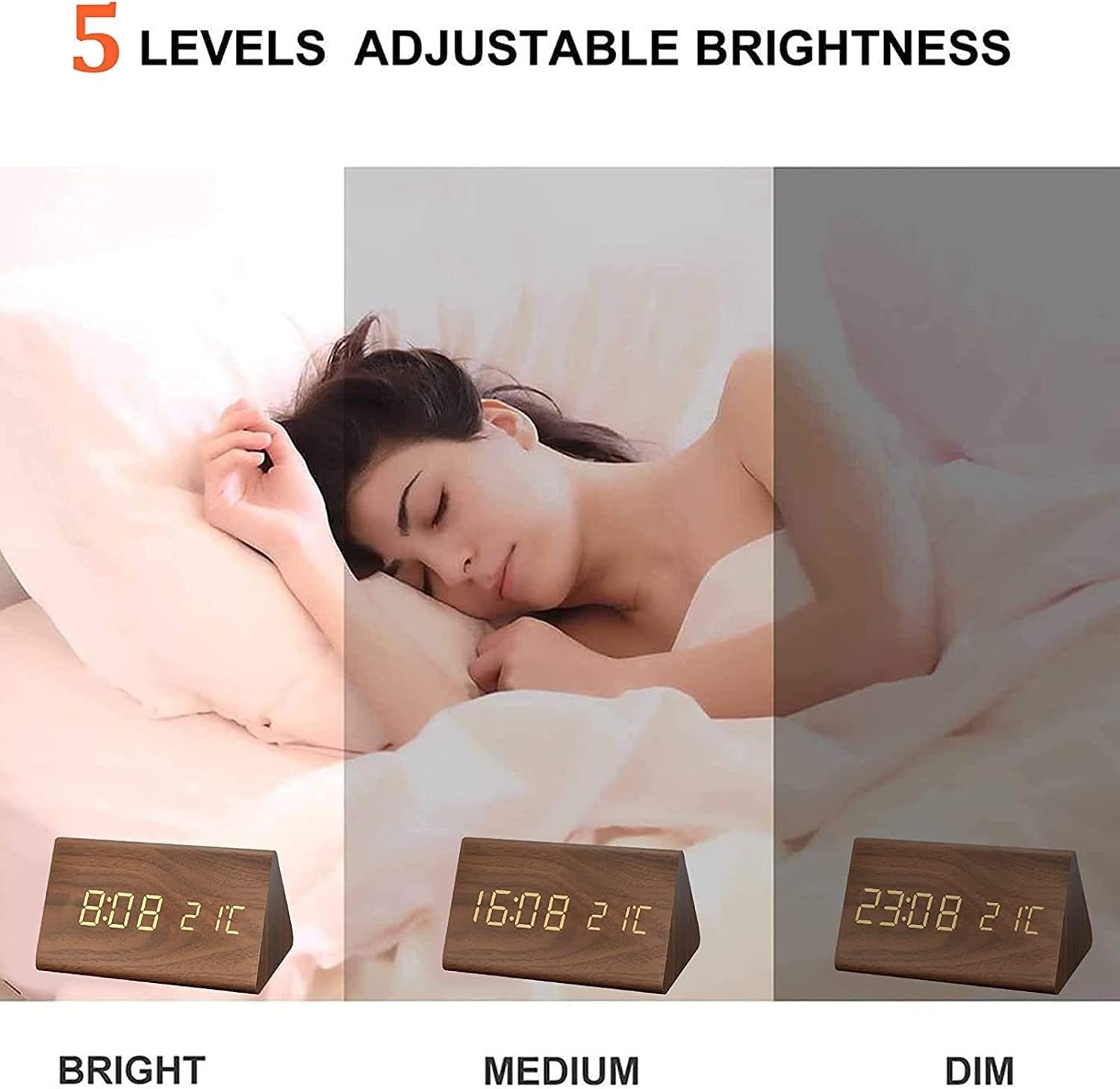 Wooden LED Digital Alarm Clock Silent Bedside Snooze Temperature Display