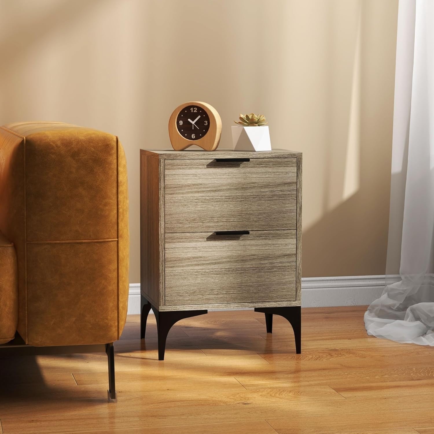 Set of 2 Modern Bedside Tables with 2 Drawers Grey Wood & Black Steel Legs