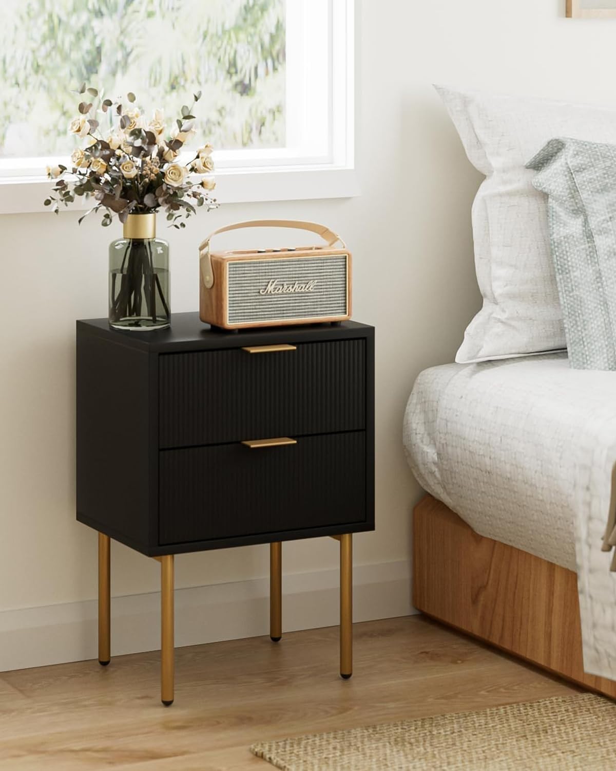 Modern Black Bedside Table with Gold Legs | 2 Drawer Nightstand