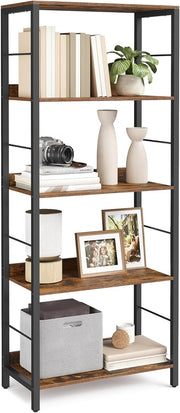 5-Tier Industrial Bookshelf Unit | Rustic Brown Storage Shelving for Home Office