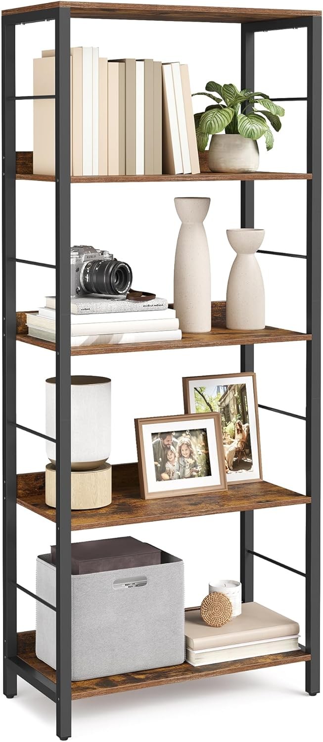 5-Tier Industrial Bookshelf Unit | Rustic Brown Storage Shelving for Home Office