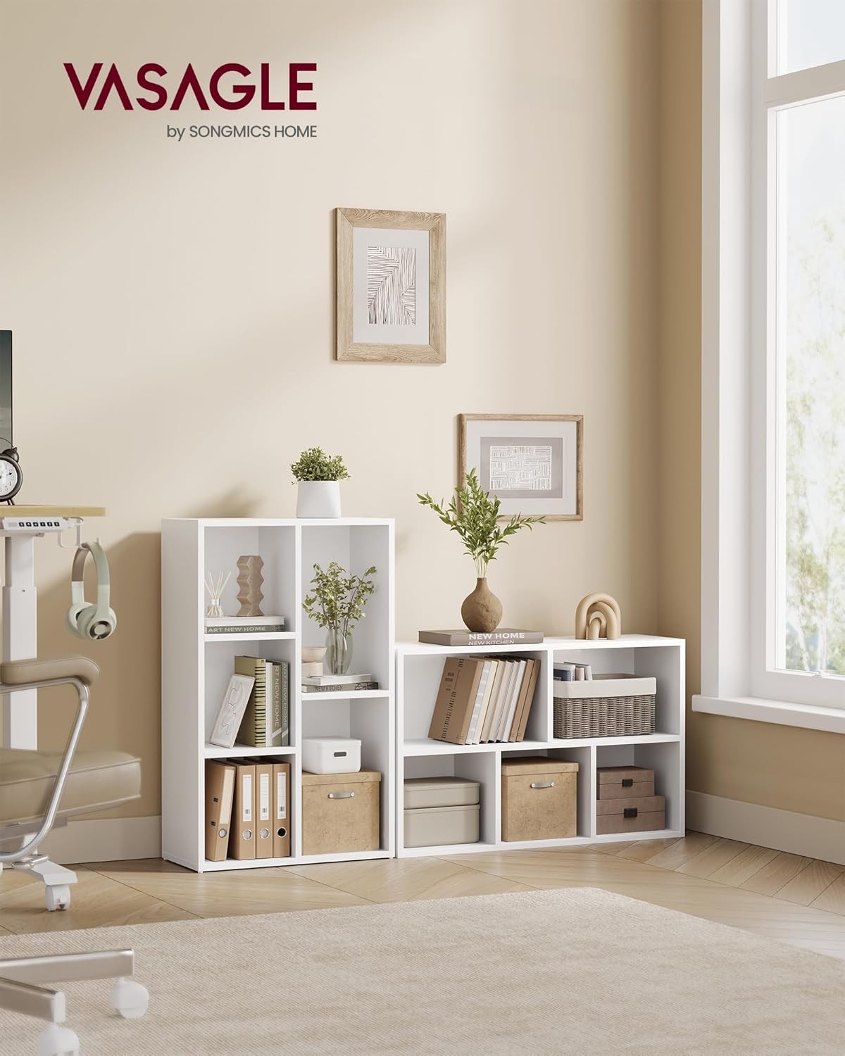 5-Compartment White Bookcase | Modern Cube Storage Shelf for Home Office Living