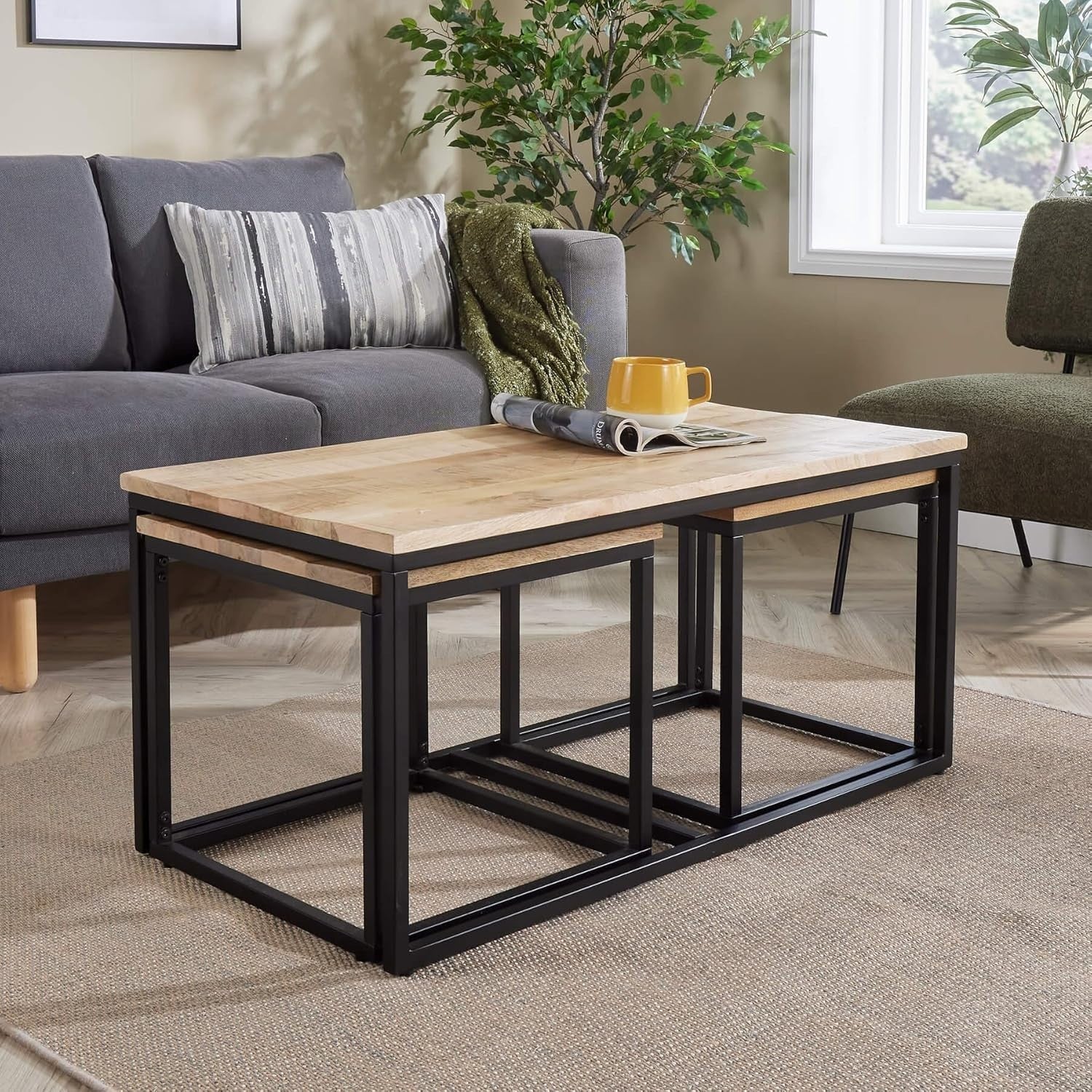 3pc Nesting Coffee Tables Set Mango Wood Metal Frame Modern Industrial Flair