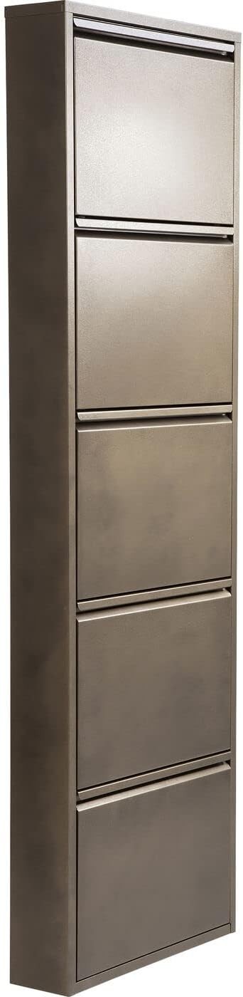 Slim 5-Drawer Shoe Cabinet Bronze– Space-Saving Metal Tilt Rack 170x50x15cm