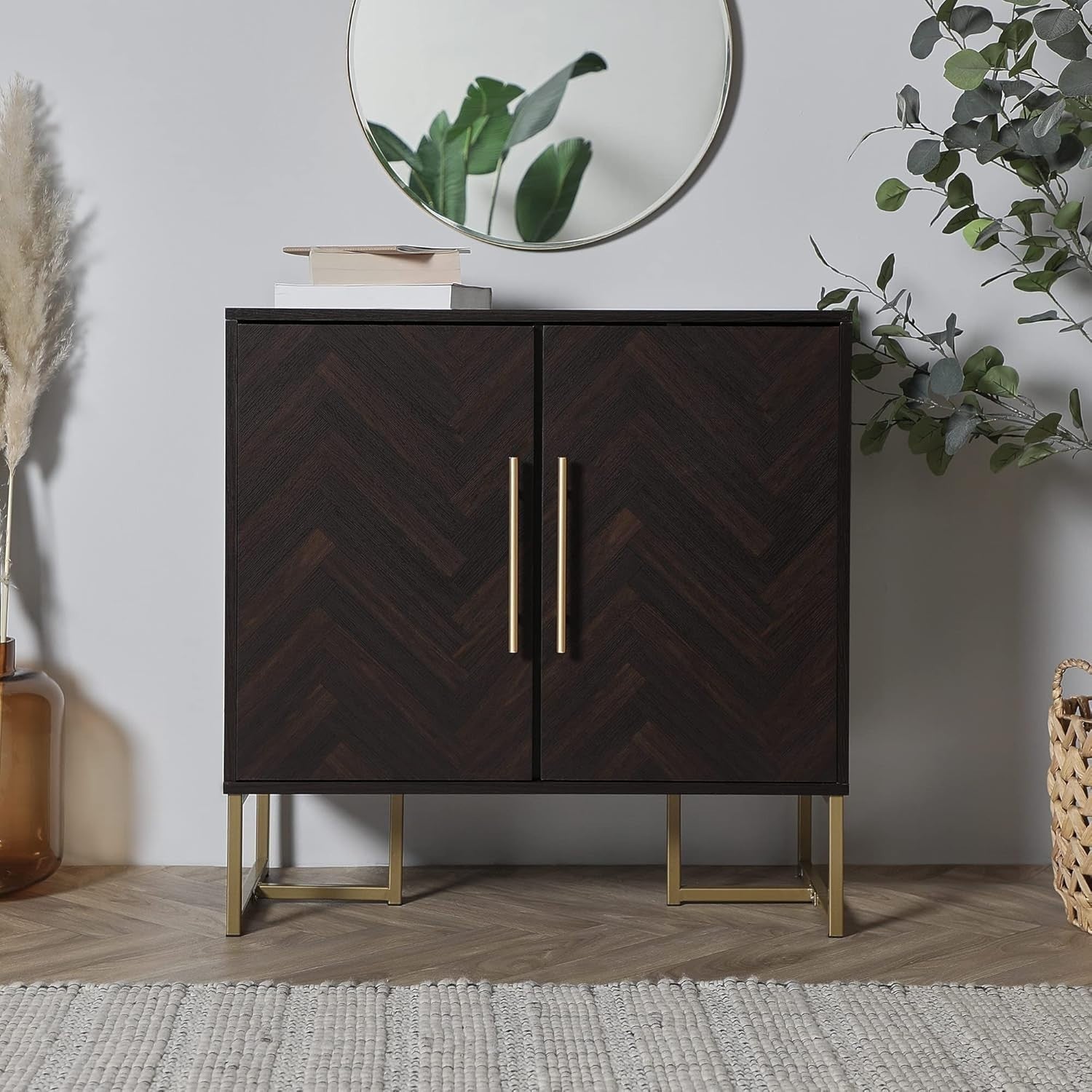 Dark Wood Sideboard Storage Cabinet with Gold Handles, Modern 2-Door Buffet