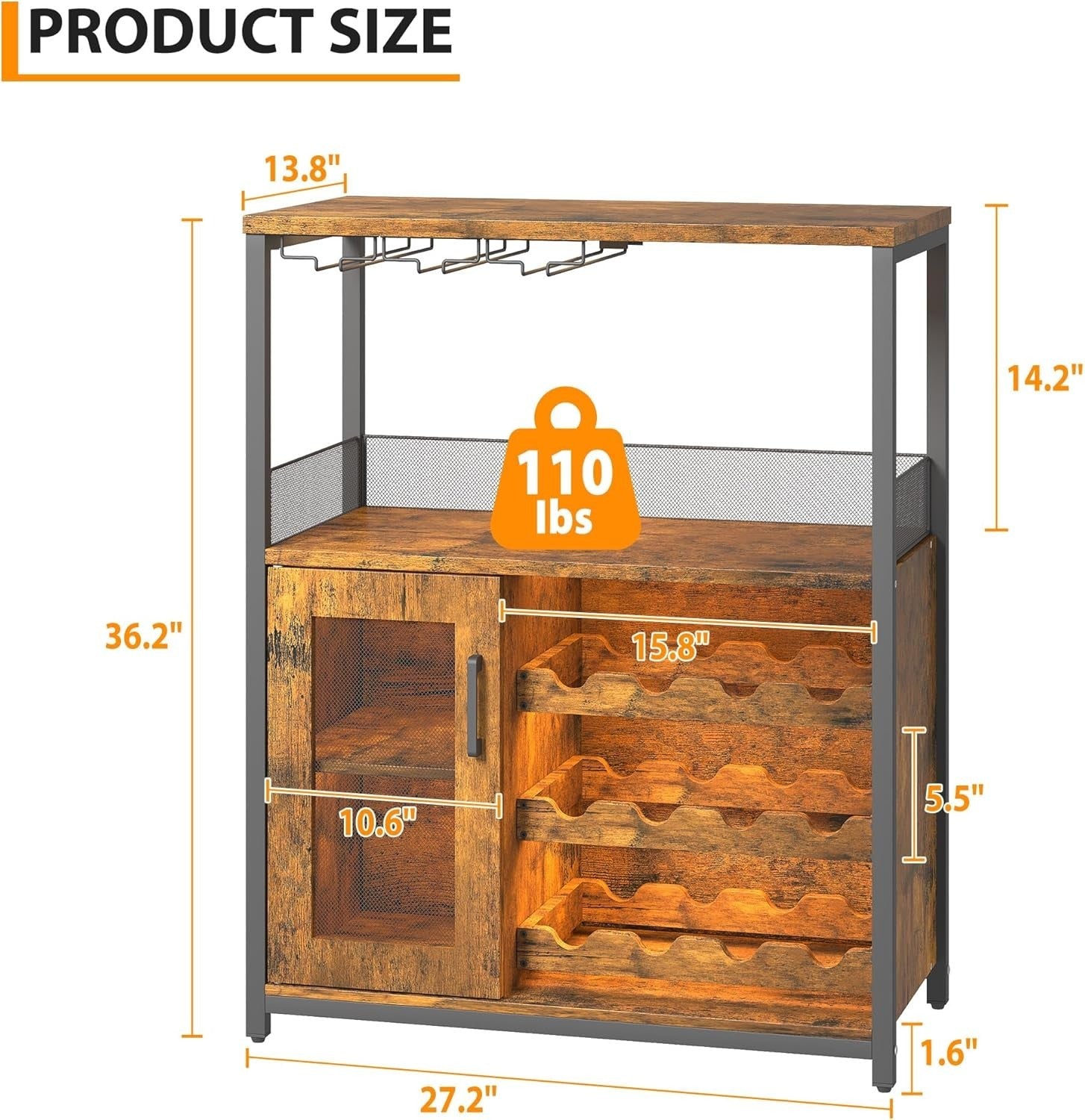 Rustic Industrial Wine Bar Cabinet with LED Light, Glass Holder & 12-Bottle Rack