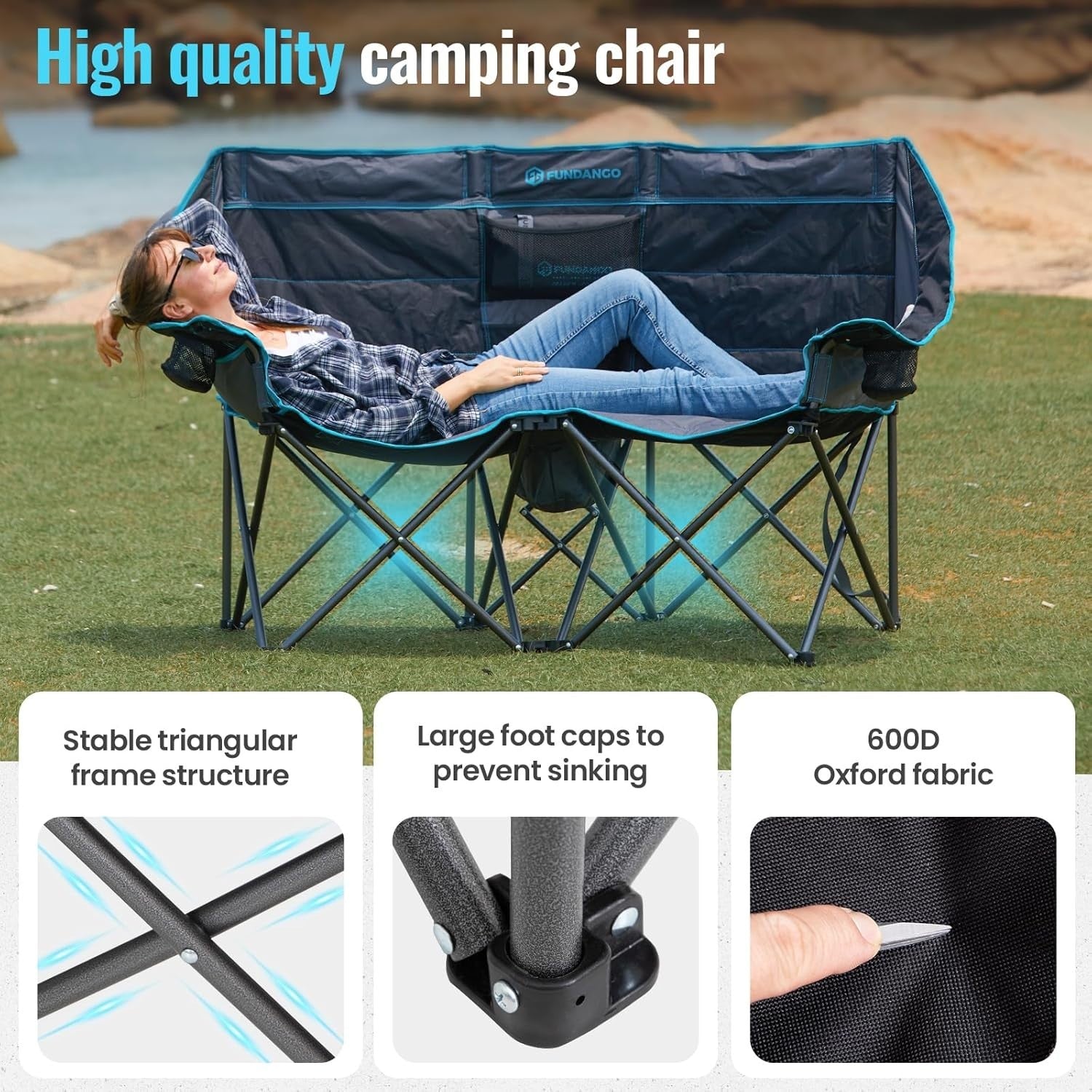 Double Camping Chair 2-Seater Foldable Sofa with Cooler Bag & Padded Seat