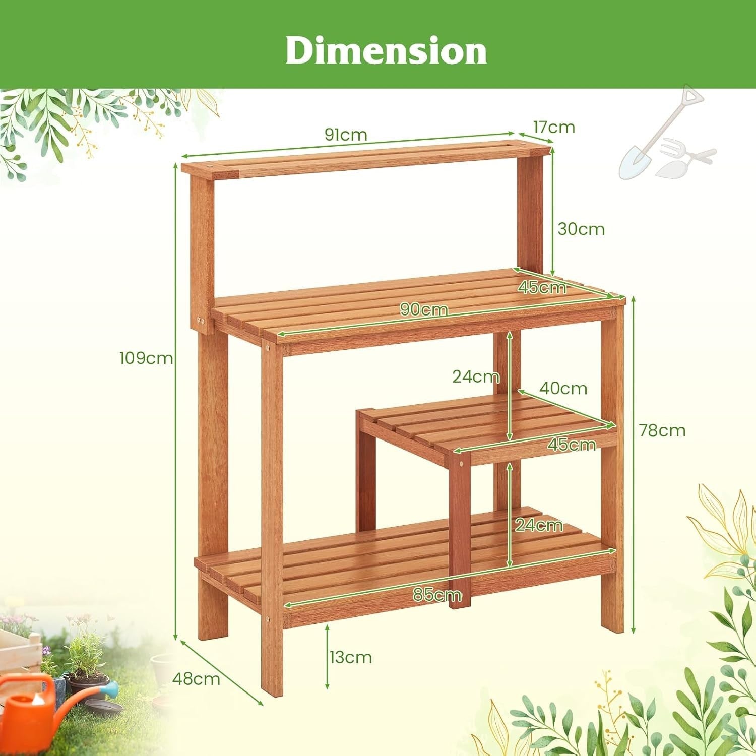 Wooden Garden Potting Table Bench w/ Shelves Teak Oil Finish Outdoor 91x46