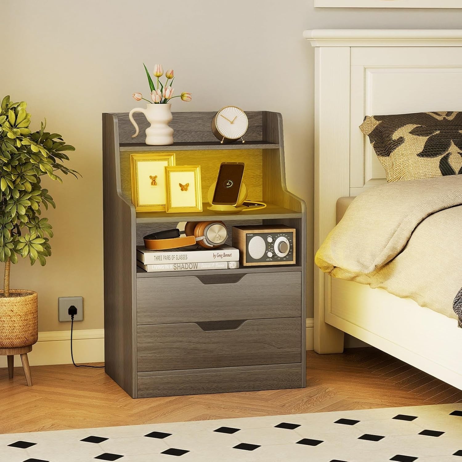 LED Bedside Table with Charging Station, Drawers & RGB Lighting Storage Unit