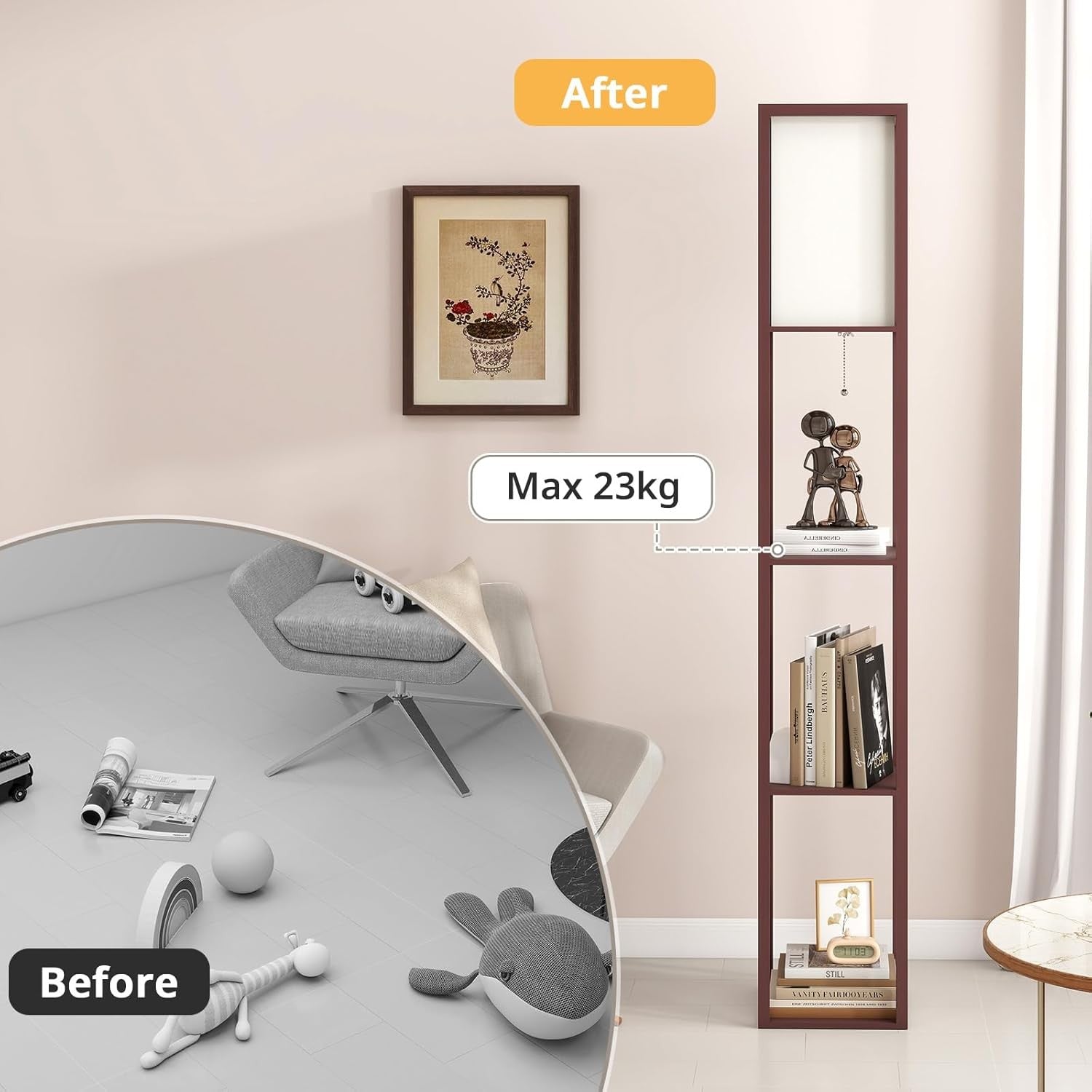Floor Lamp with Shelves LED Bulb Included Wooden Storage Standing Light