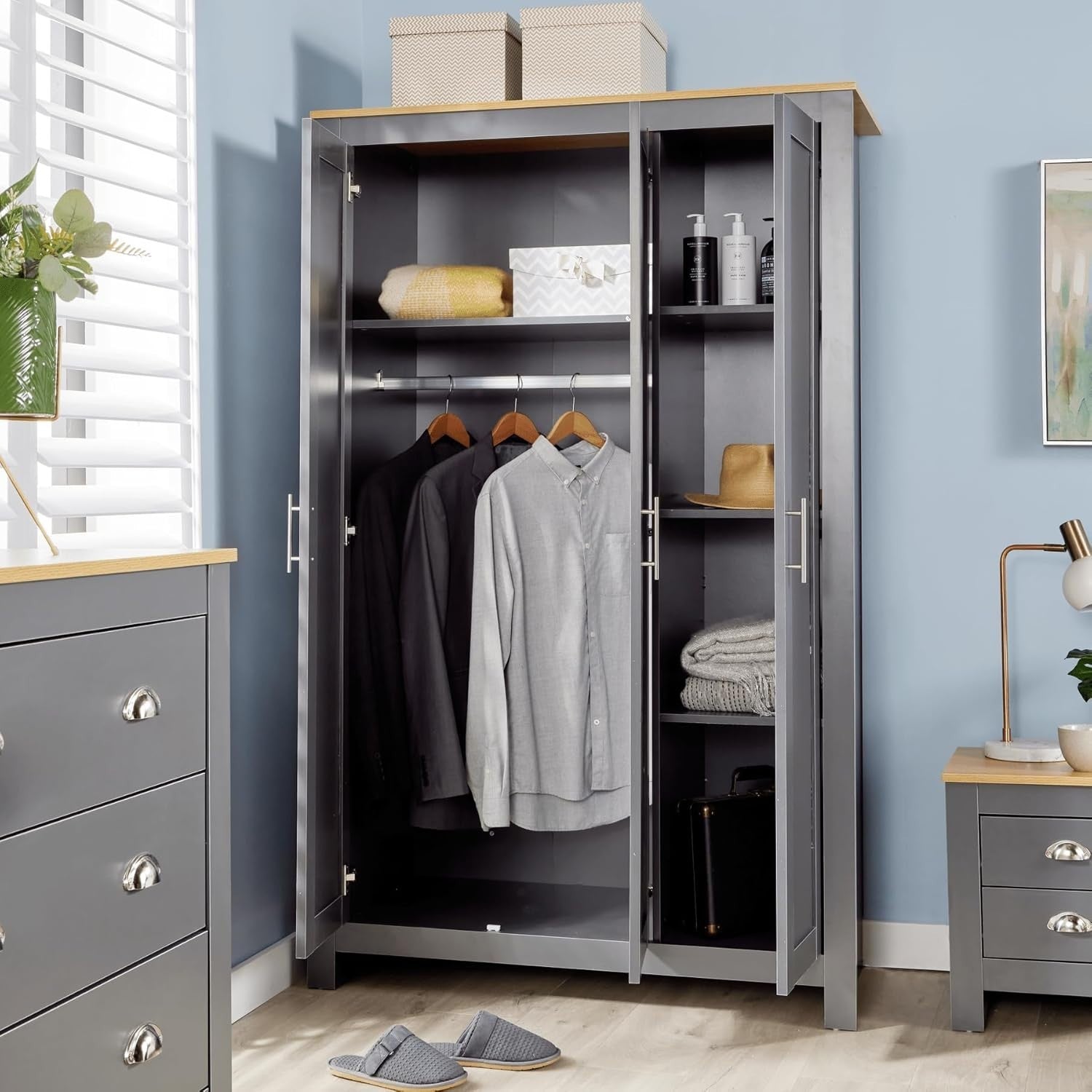 3 Door Dark Grey Wardrobe with Hanging Rail & 5 Shelves for Clothes