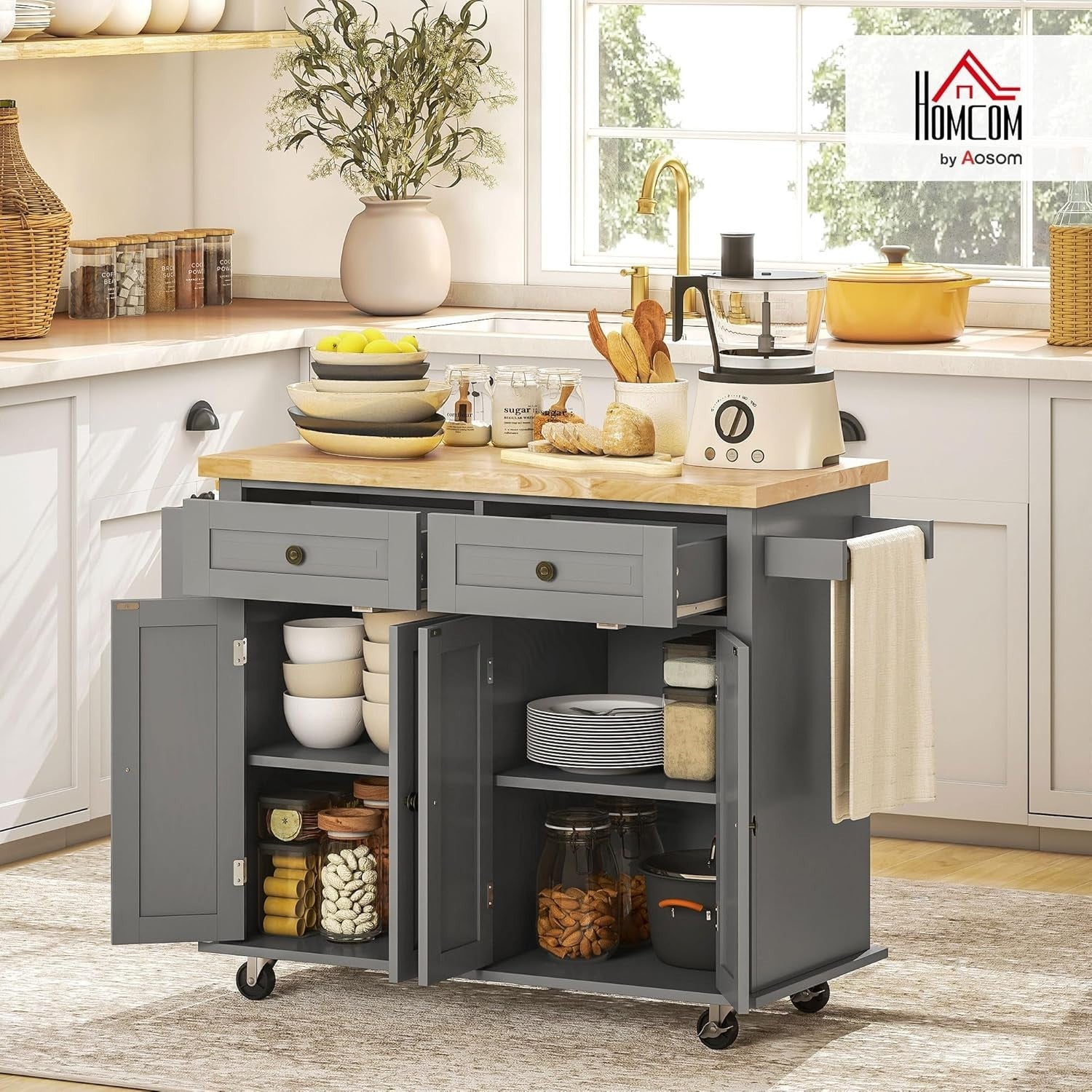 Rolling Kitchen Island Trolley with Drawers,Shelves & Rubber Wood Top 111x44.5cm