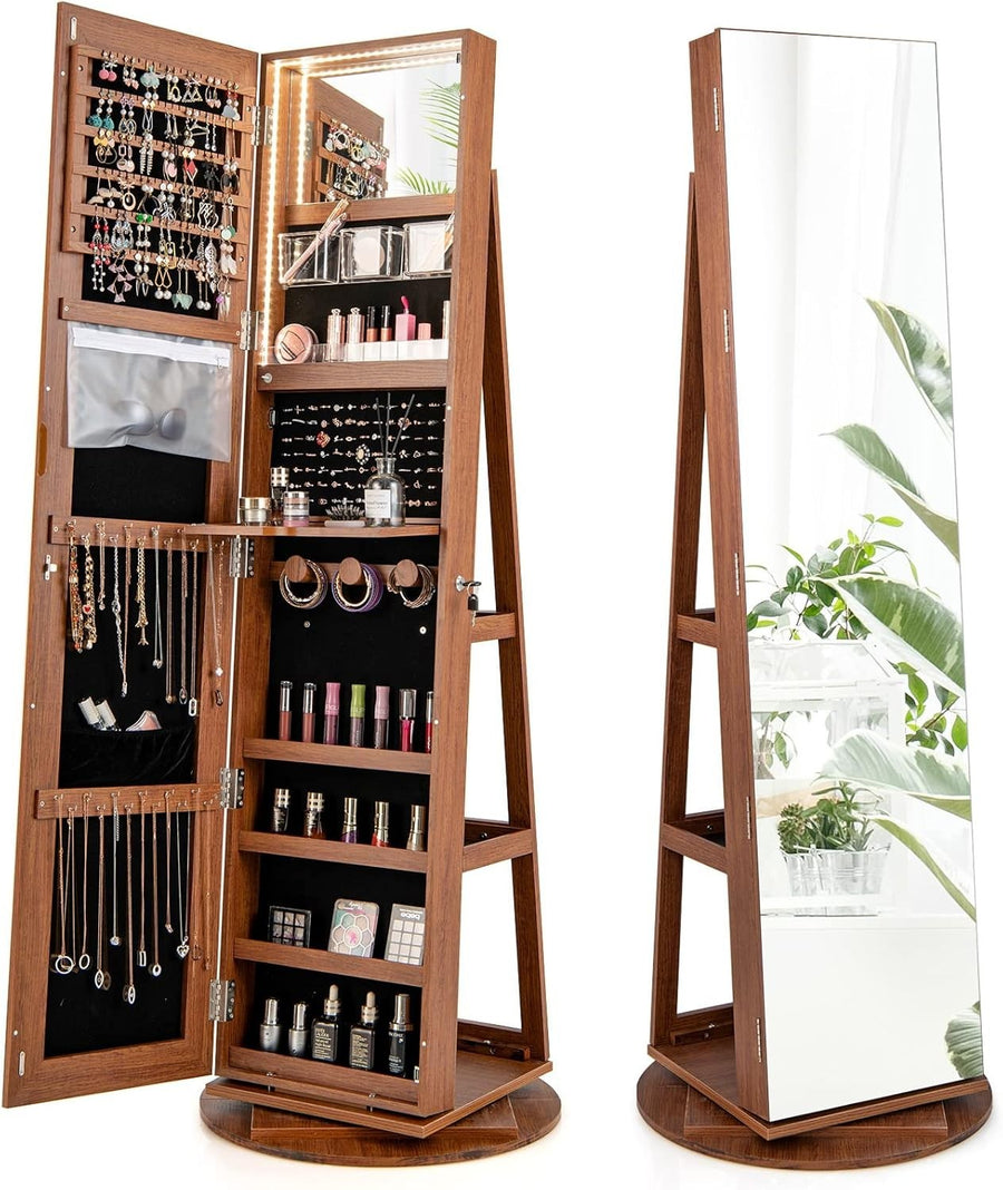 Brown 360° Swivel Jewelry Armoire LED Light Mirror Lockable Cabinet