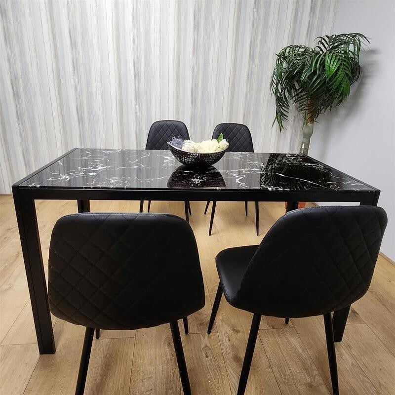 Black Marble Dining Table Set with 4 Leather Chairs Glass Top Kitchen