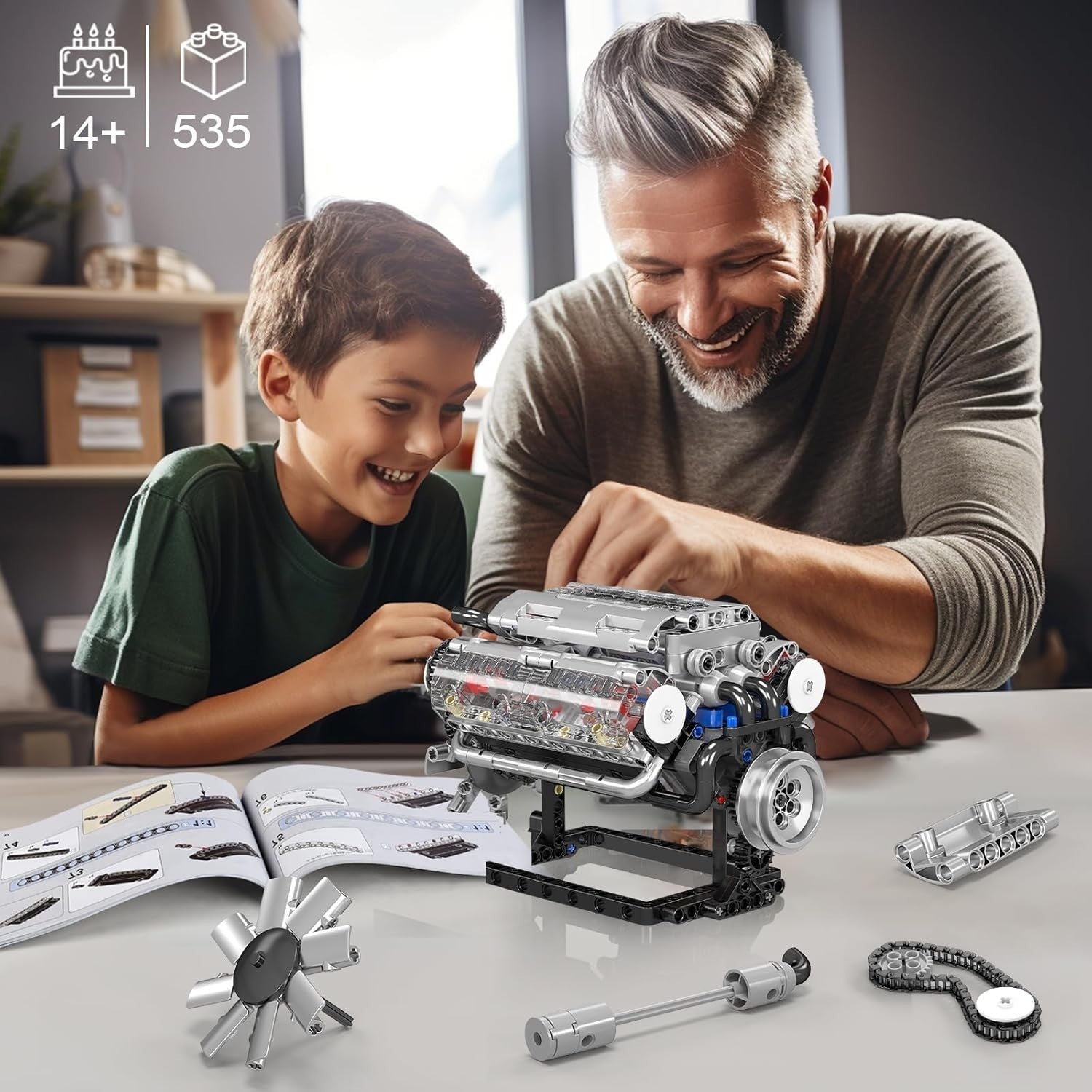 V8 Engine Model Building Blocks Kit 535 pcs | Functional Motor & Realistic Desig