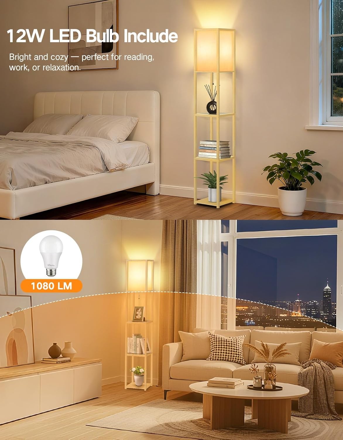 Floor Lamp with Shelves LED Adjustable Colour Standing Storage Light Wood