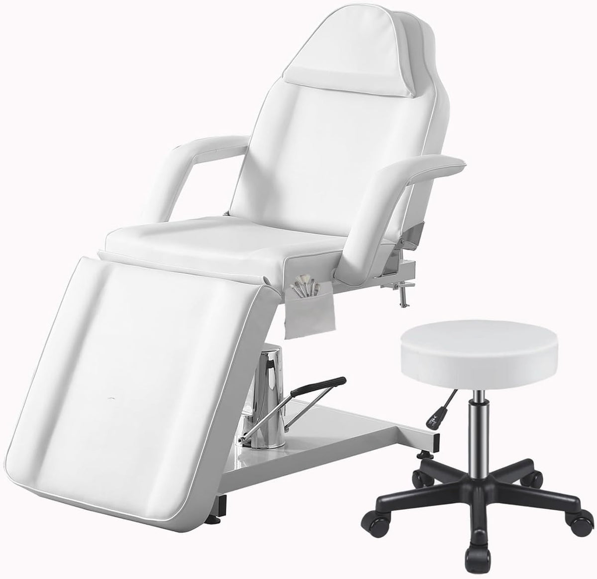 Hydraulic Massage Table 360° Swivel Adjustable Beauty Bed w/ Stool White