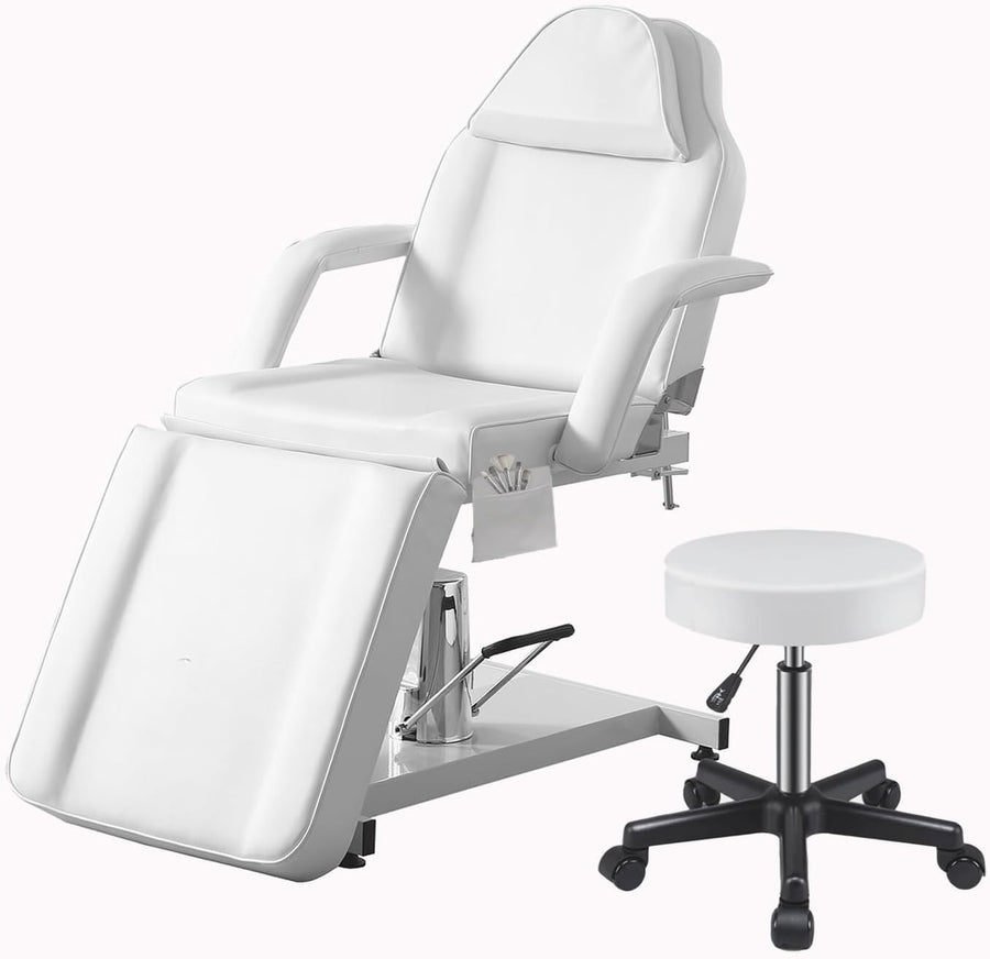 Hydraulic Massage Table 360° Swivel Adjustable Beauty Bed w/ Stool White